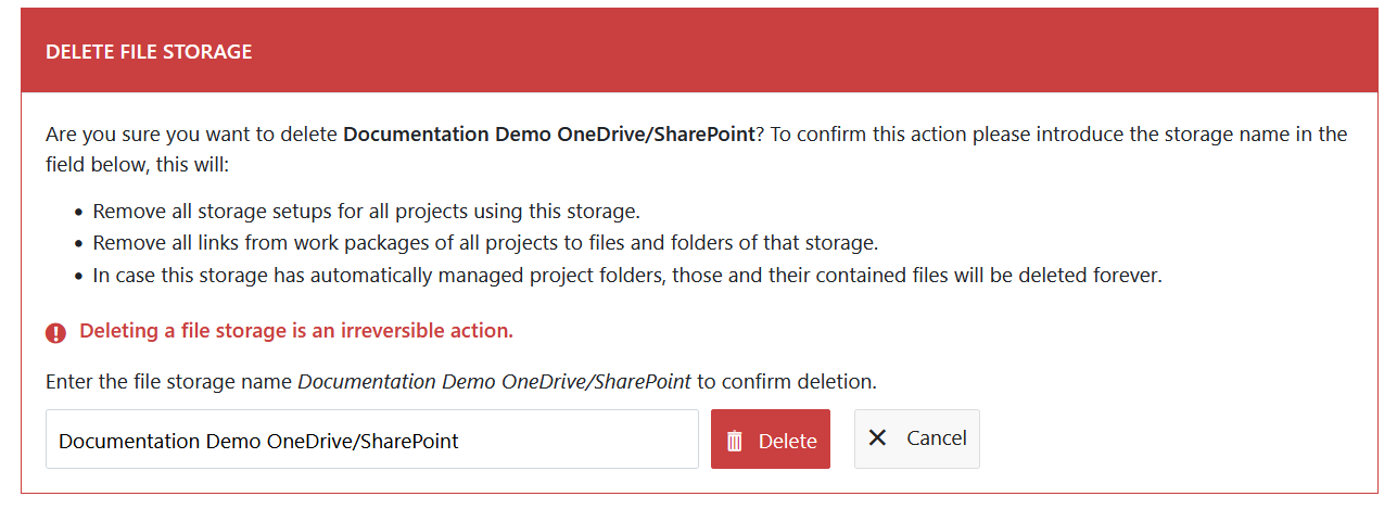 Delete a SharePoint integration from OpenProject system settings
