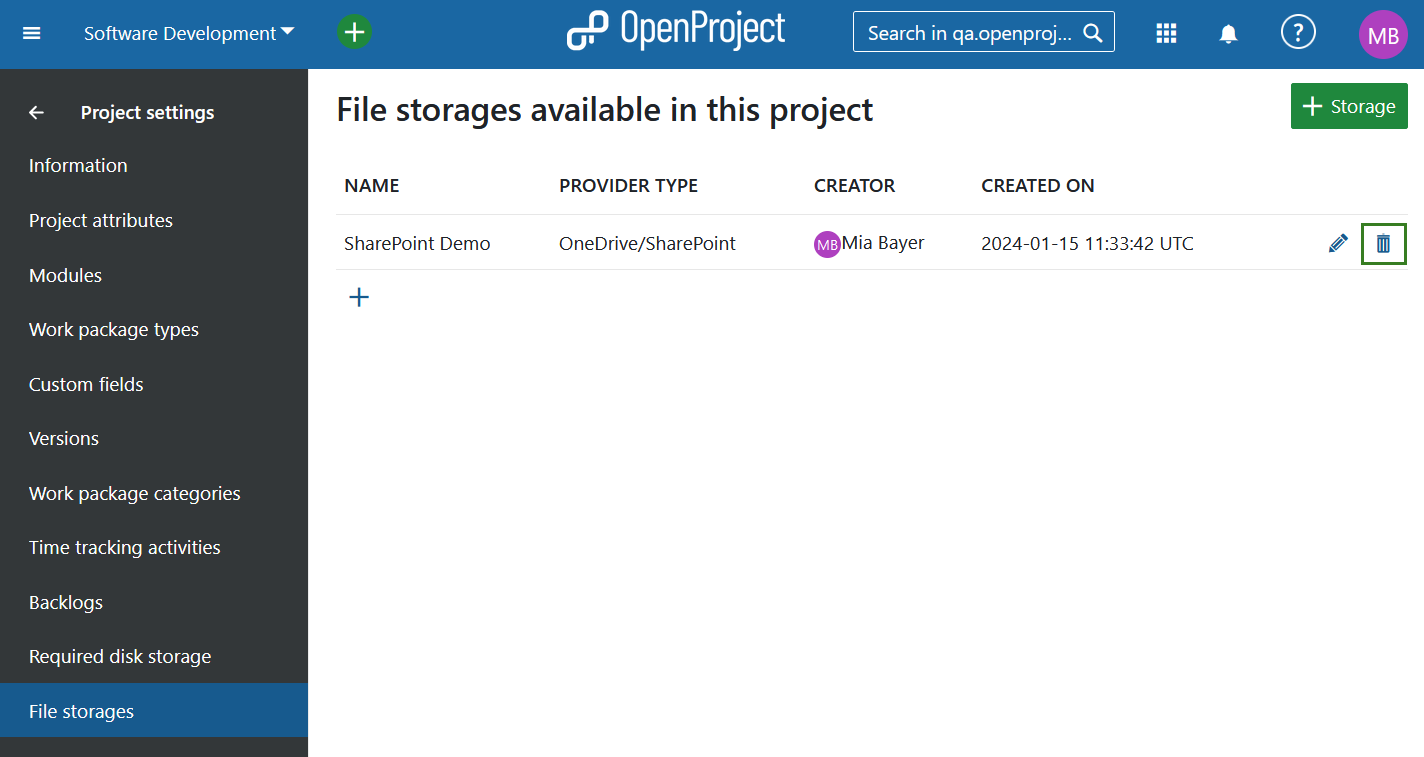Delete a OneDrive/SharePoint storage from an OpenProject project