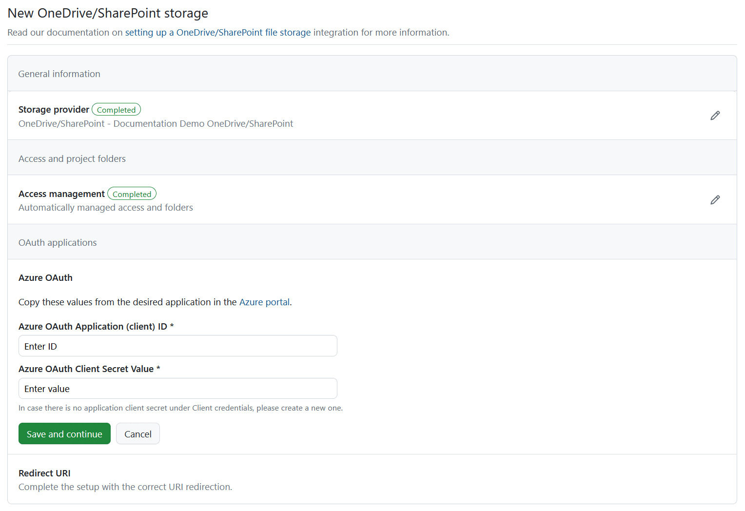 OAuth applications details in OneDrive file storages setup in OpenProject