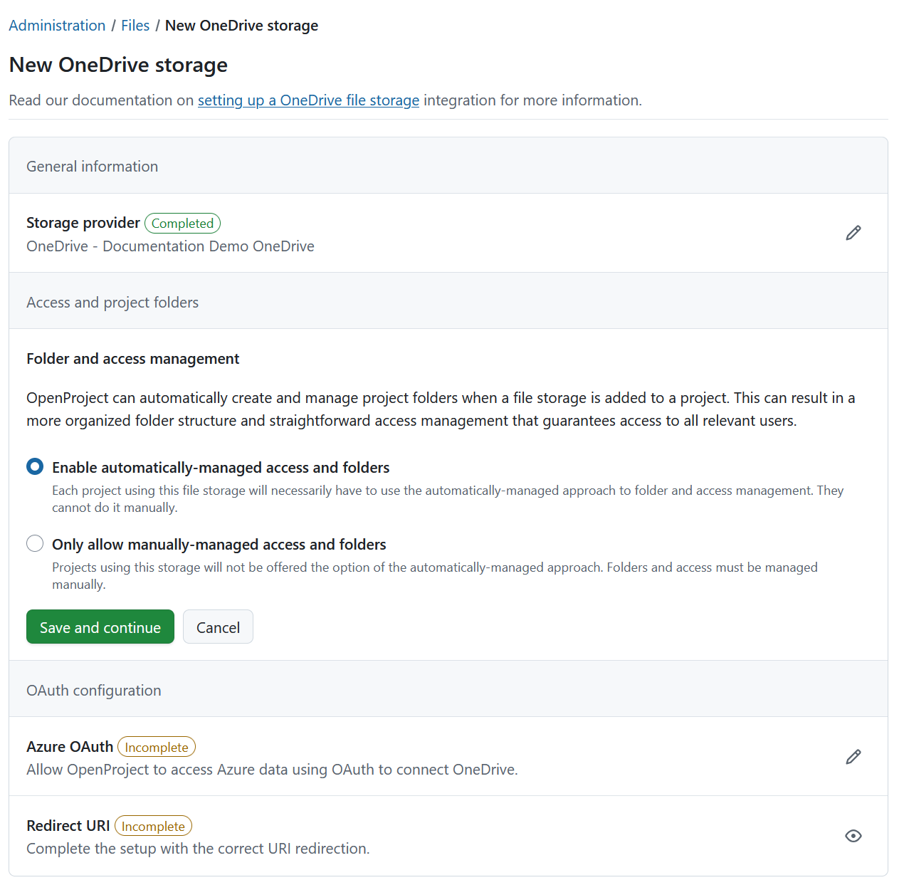 Access and project folders details in OneDrive file storages setup in OpenProject