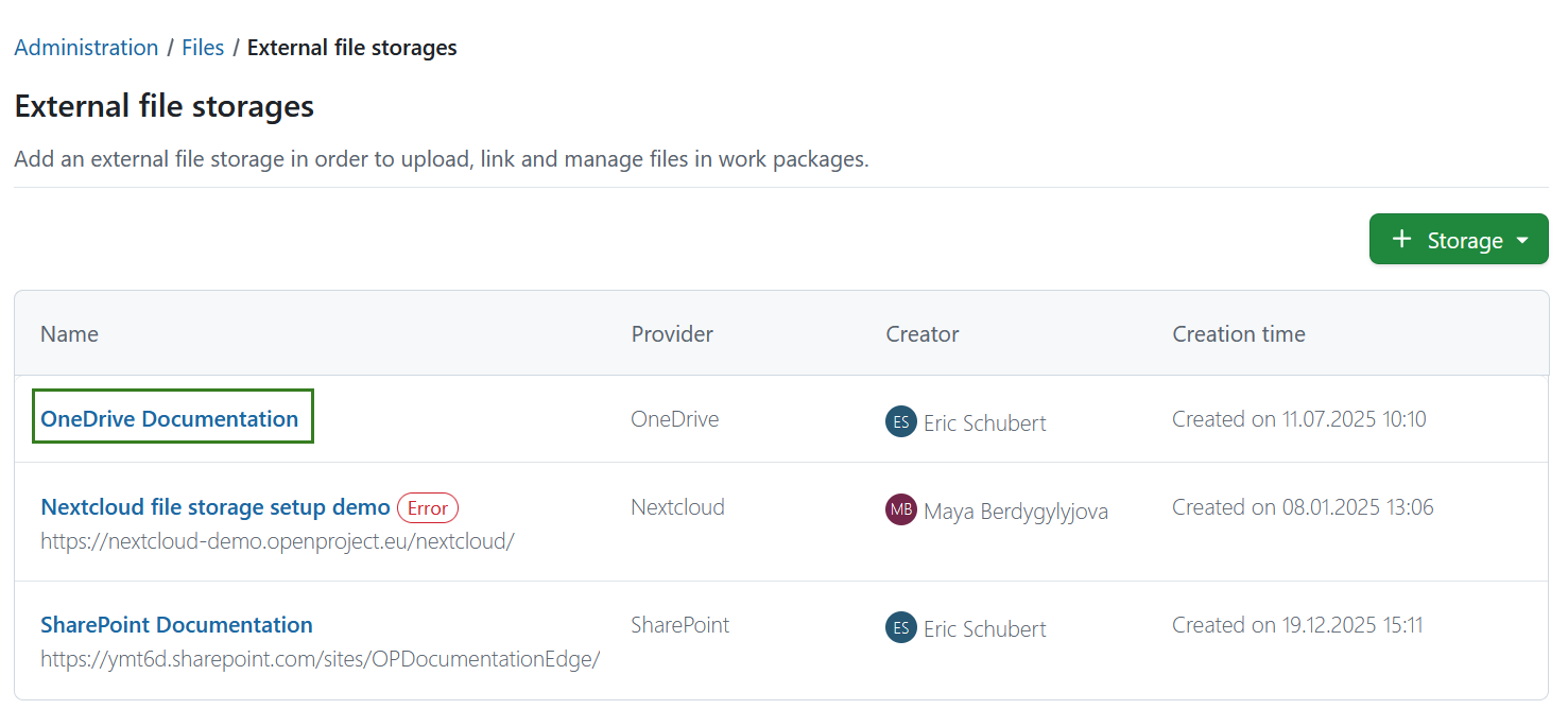Select OneDrive file storage in OpenProject system administration