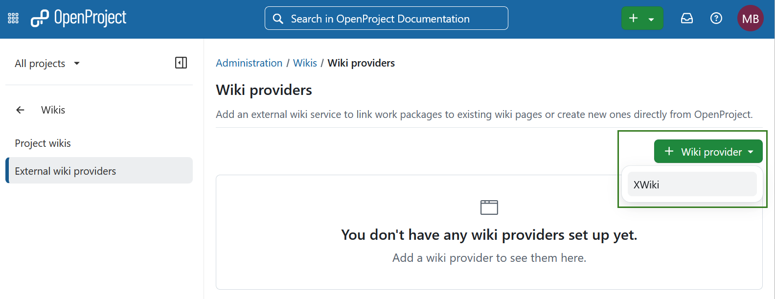 OpenProject Wiki providers page with the “+ Wiki provider” button