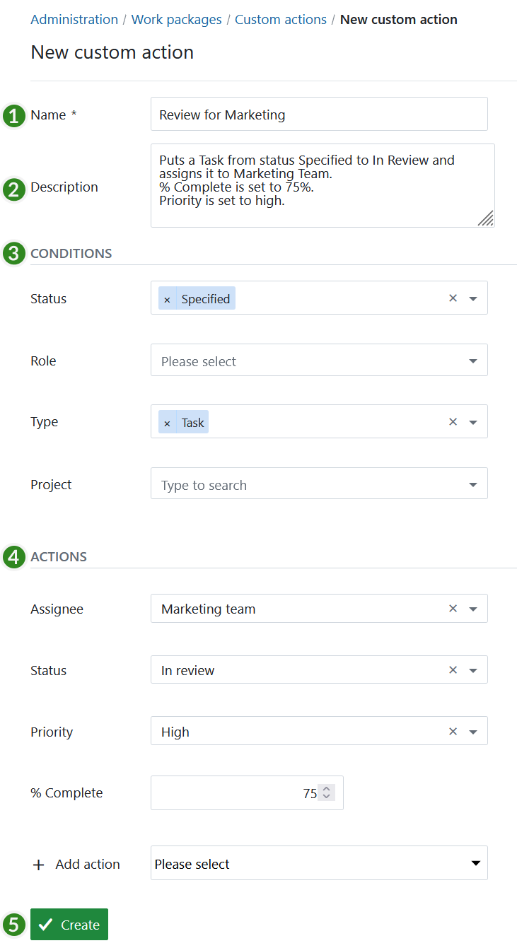 Create a new custom action in OpenProject administration
