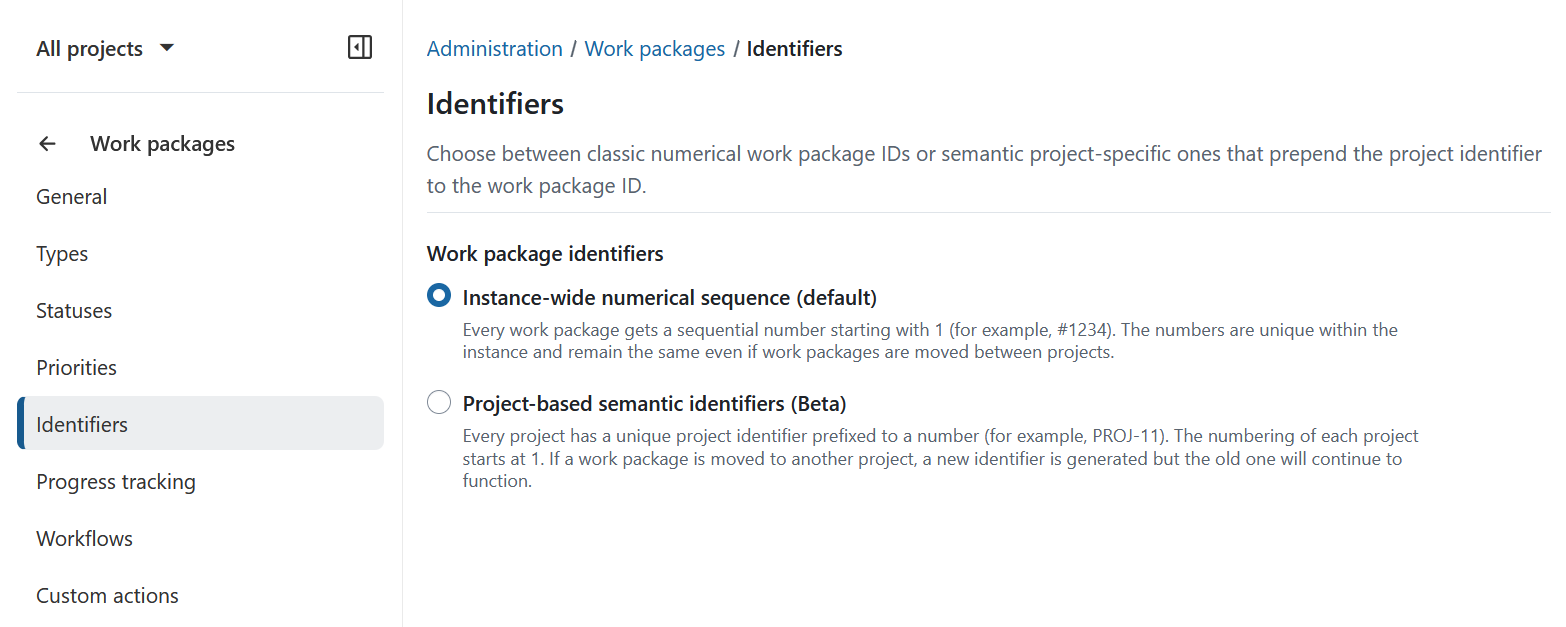 Administration settings for work package identifiers in OpenProject