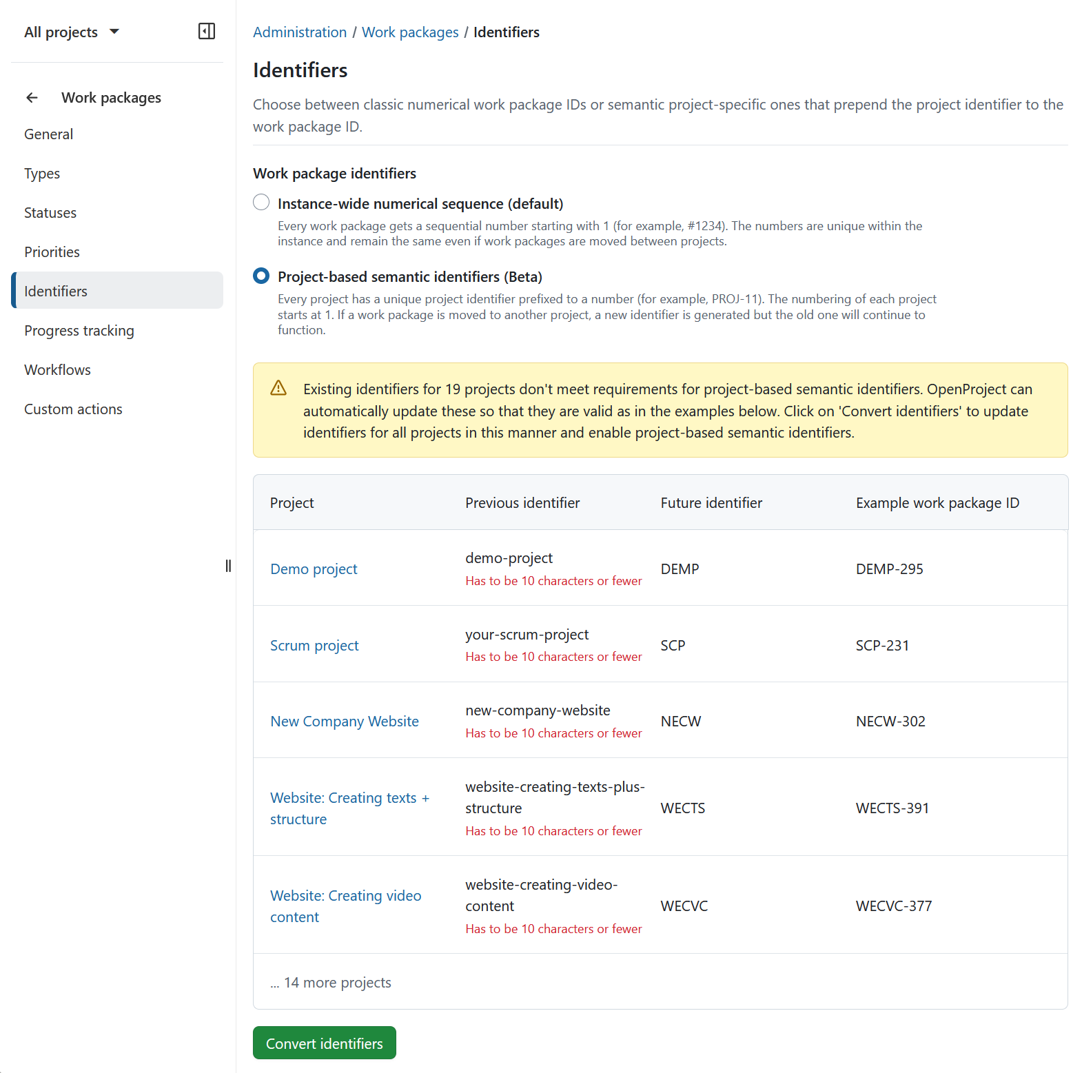 Administration settings for work package identifiers in OpenProject, project-based semantic identifiers selected