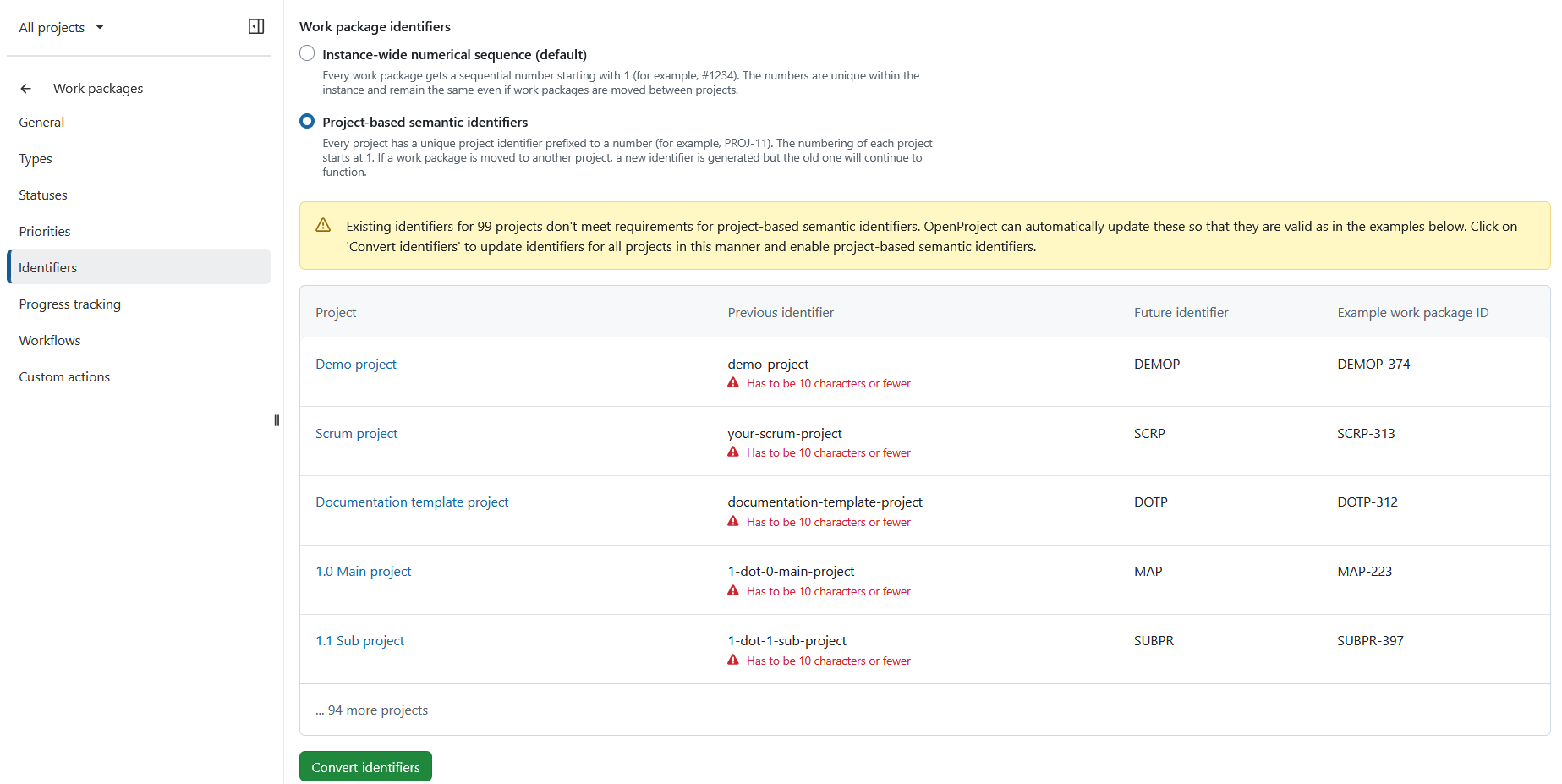 Administration settings for work package identifiers in OpenProject, project-based semantic identifiers selected