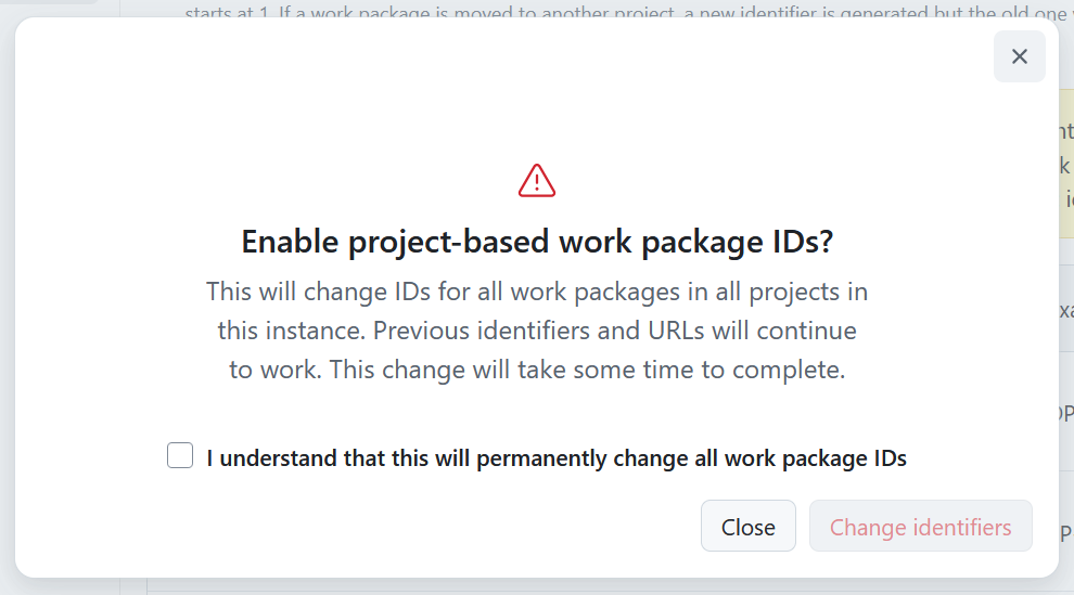 Form to confirm the switch from numeric to project-based work package identifiers in OpenProject