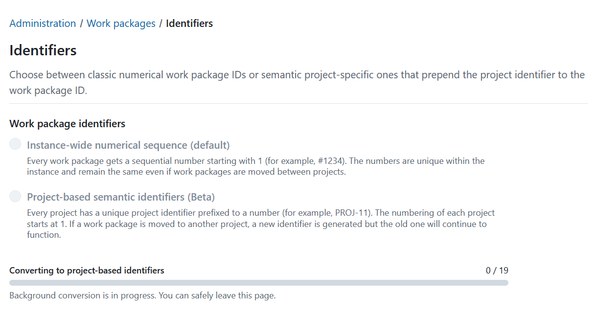 Conversion process when switching from numeric to project-based work package identifiers in OpenProject