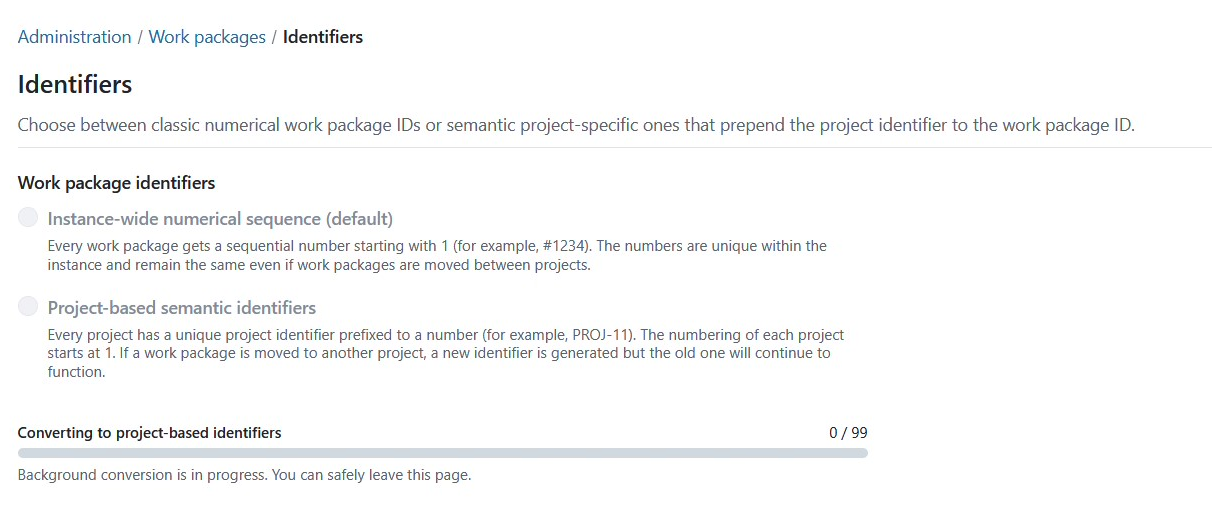 Conversion process when switching from numeric to project-based work package identifiers in OpenProject