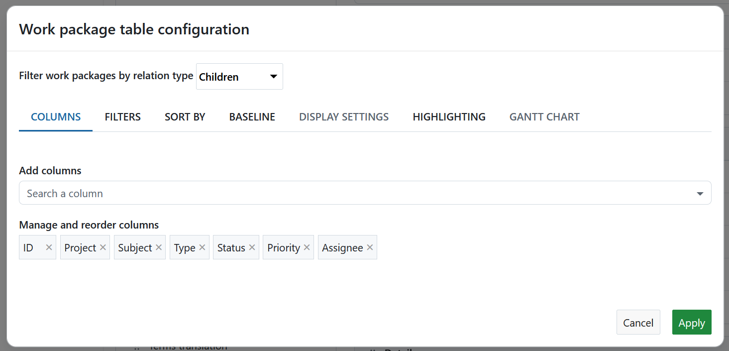 Work package table configuration for work package form in OpenProject administration