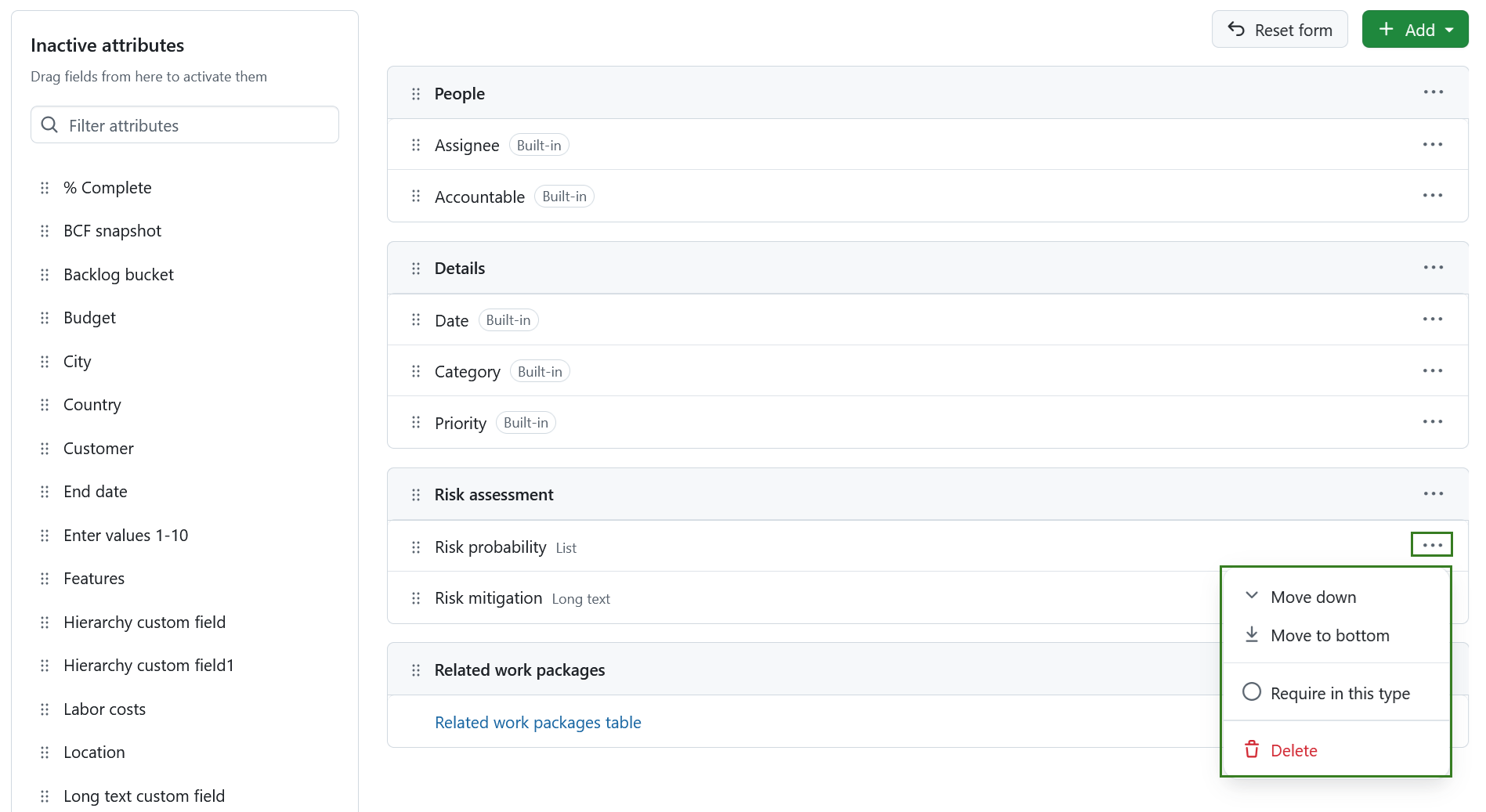 More menu for a work package custom field with the “Require in this type” option