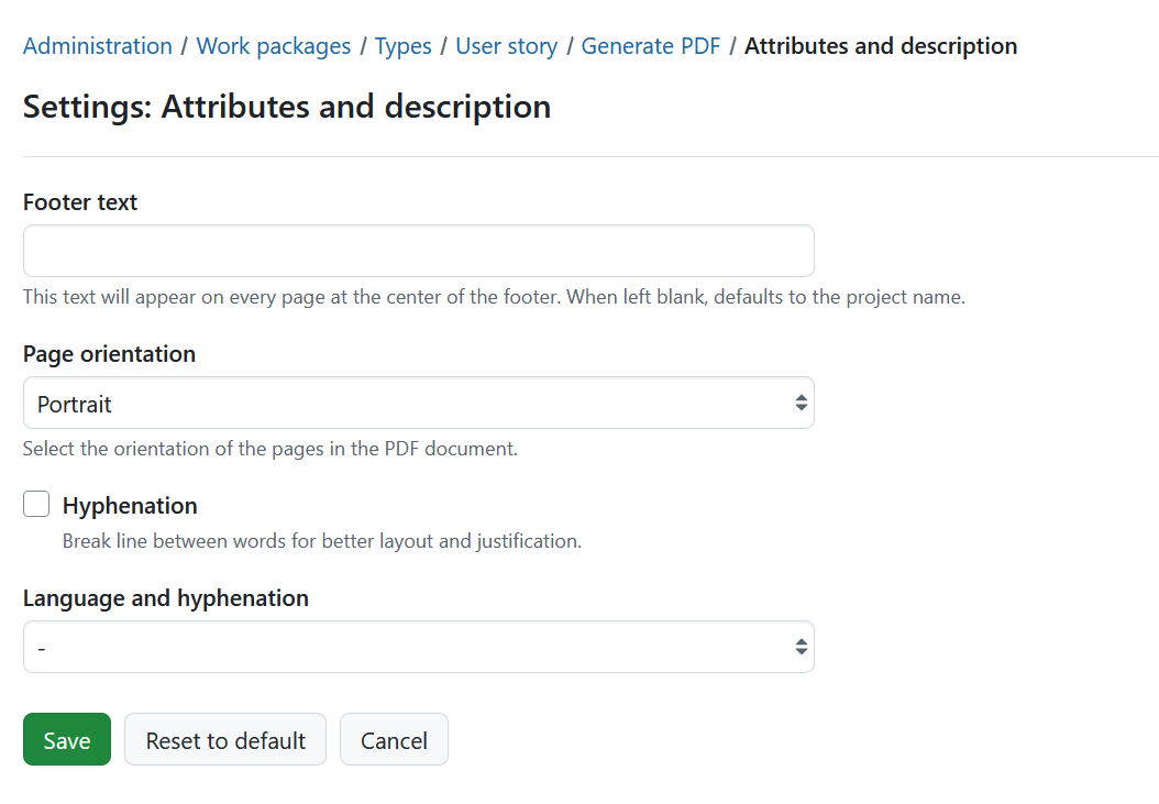 PDF export template configuration page for a work package type