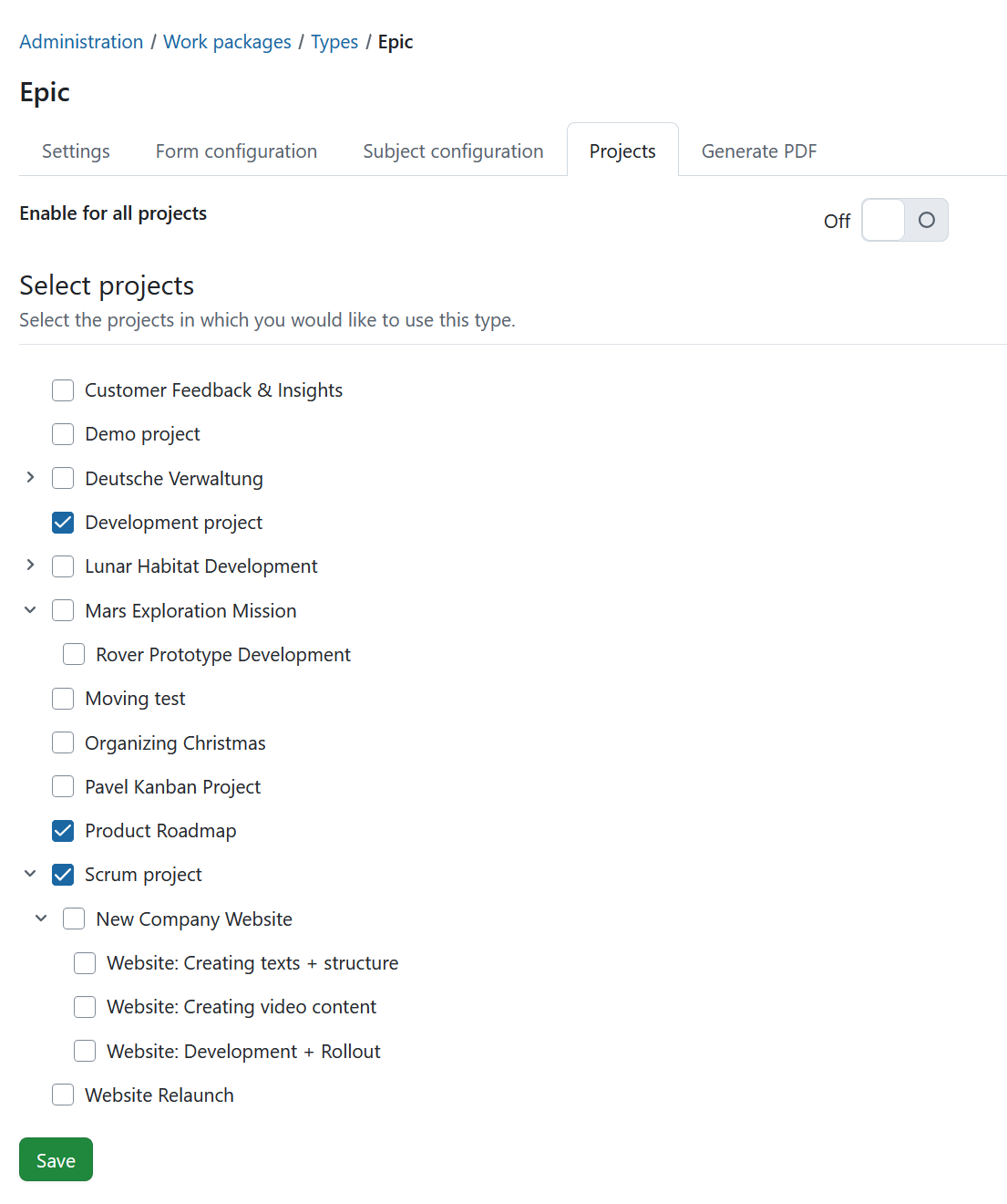 Activate projects for work package types in OpenProject administration