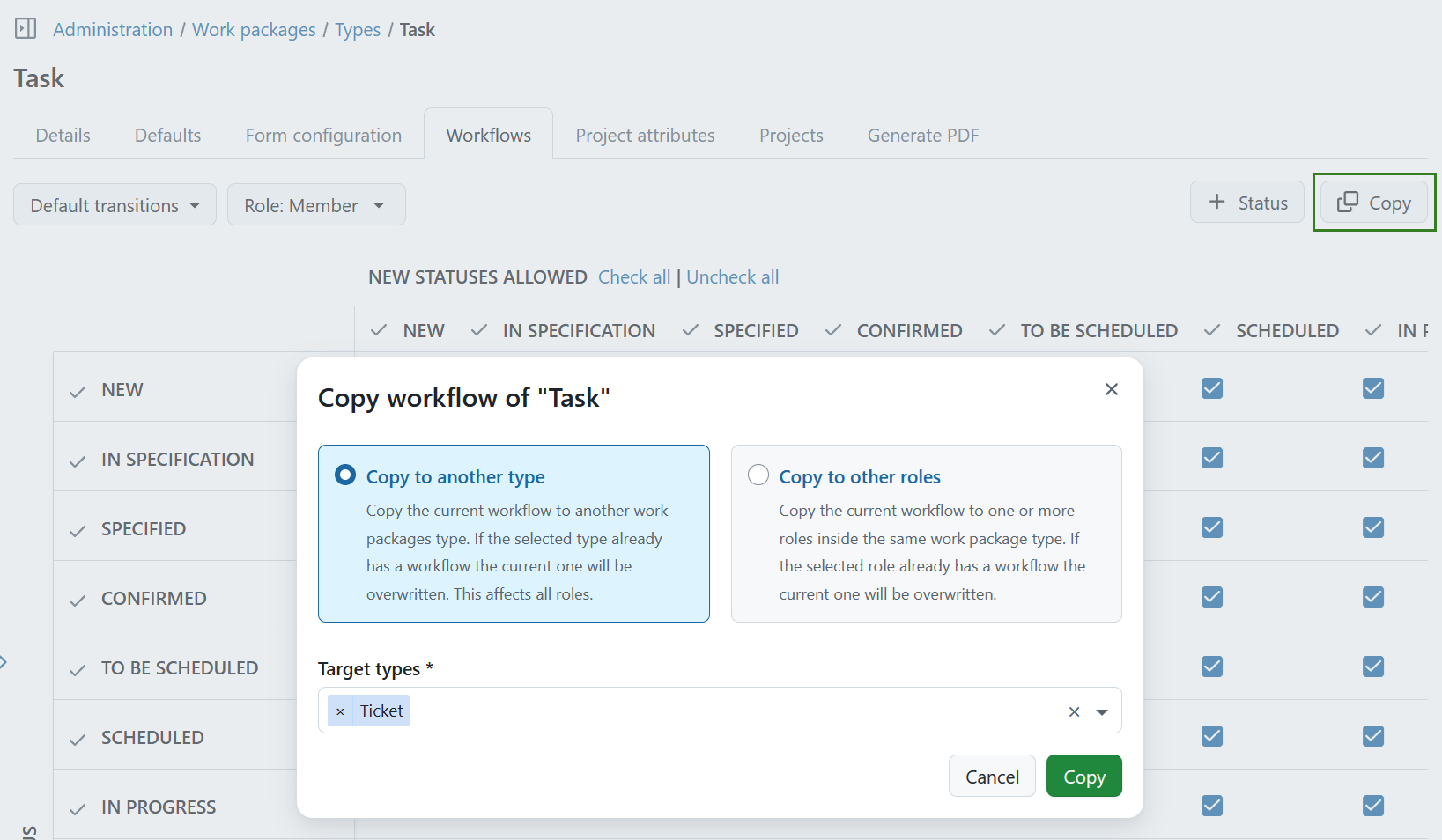 Example for copying a work package workflow from one type to another in OpenProject administration