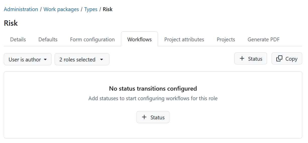 A work package type with unconfigured status transitions workflow in OpenProject administration