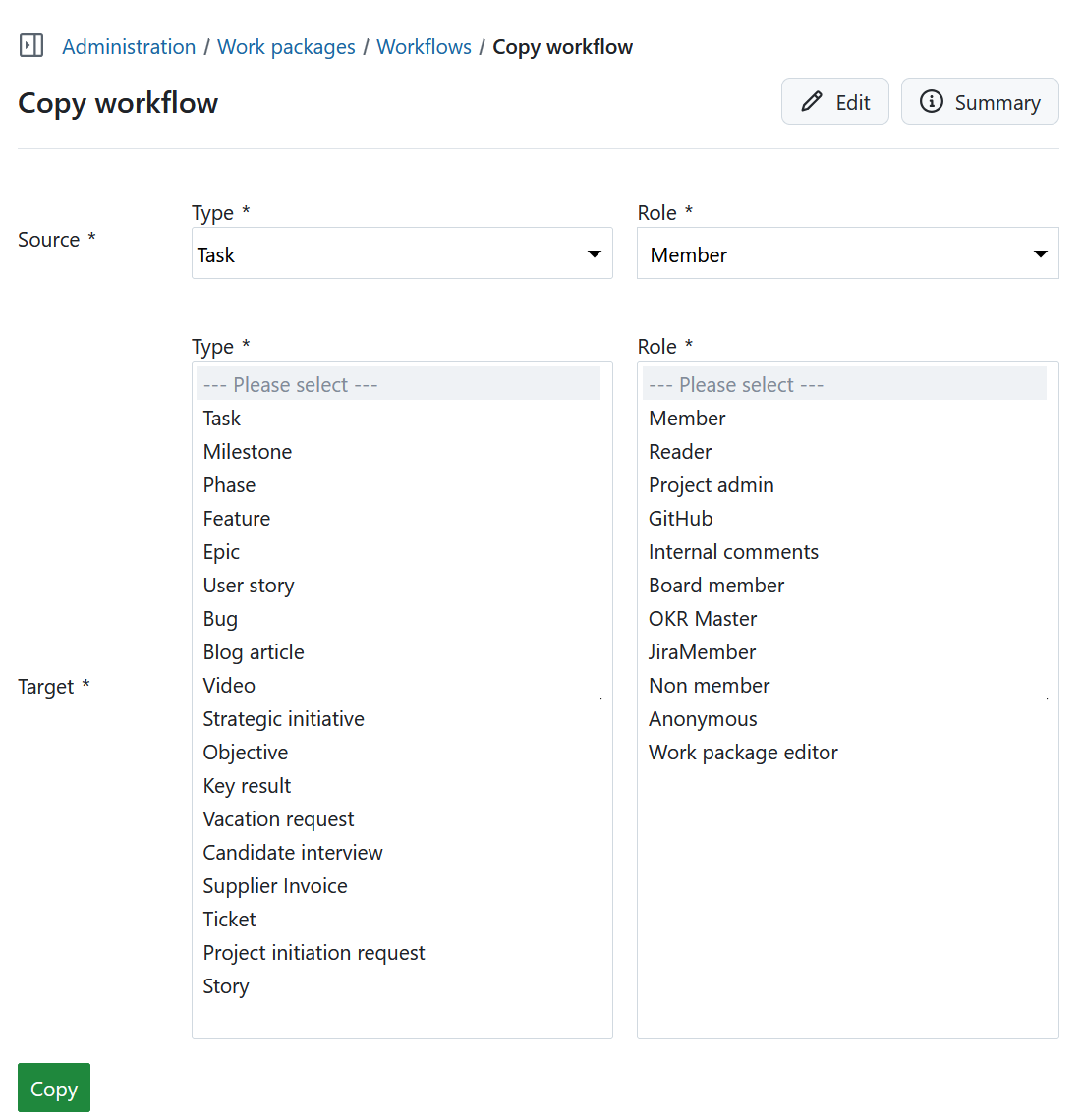 Example for copying a work package workflow in OpenProject administration