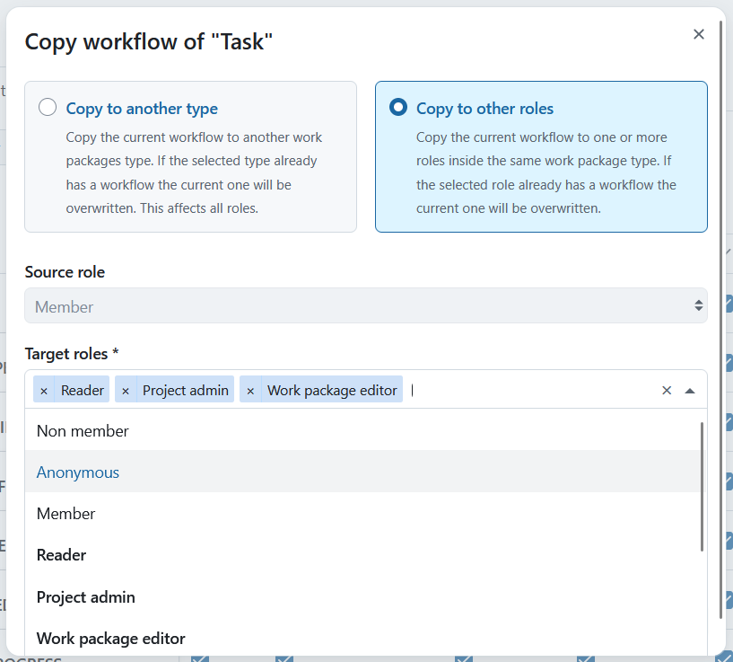 Example for copying a work package workflow in OpenProject administration