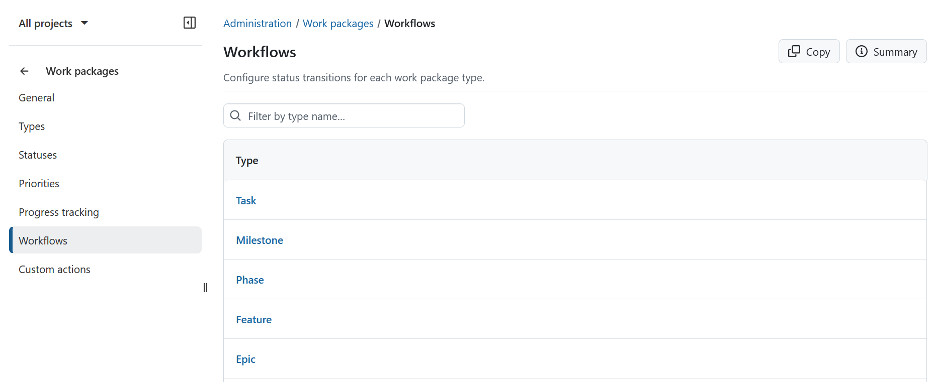 List of work packages types under Workflows editing in OpenProject administration