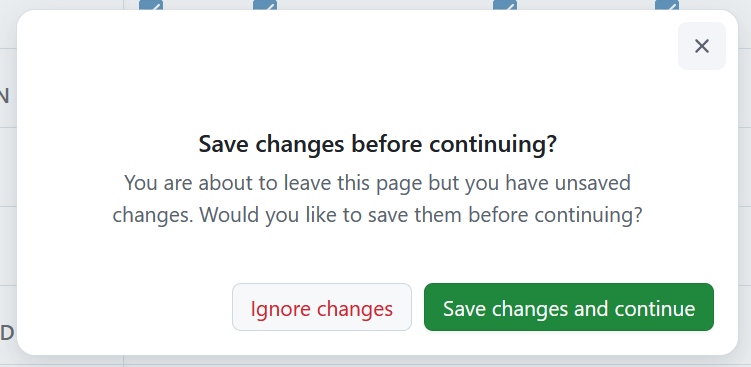 Overlay message with choices to ignore or save changes and continue in OpenProject workflows administration