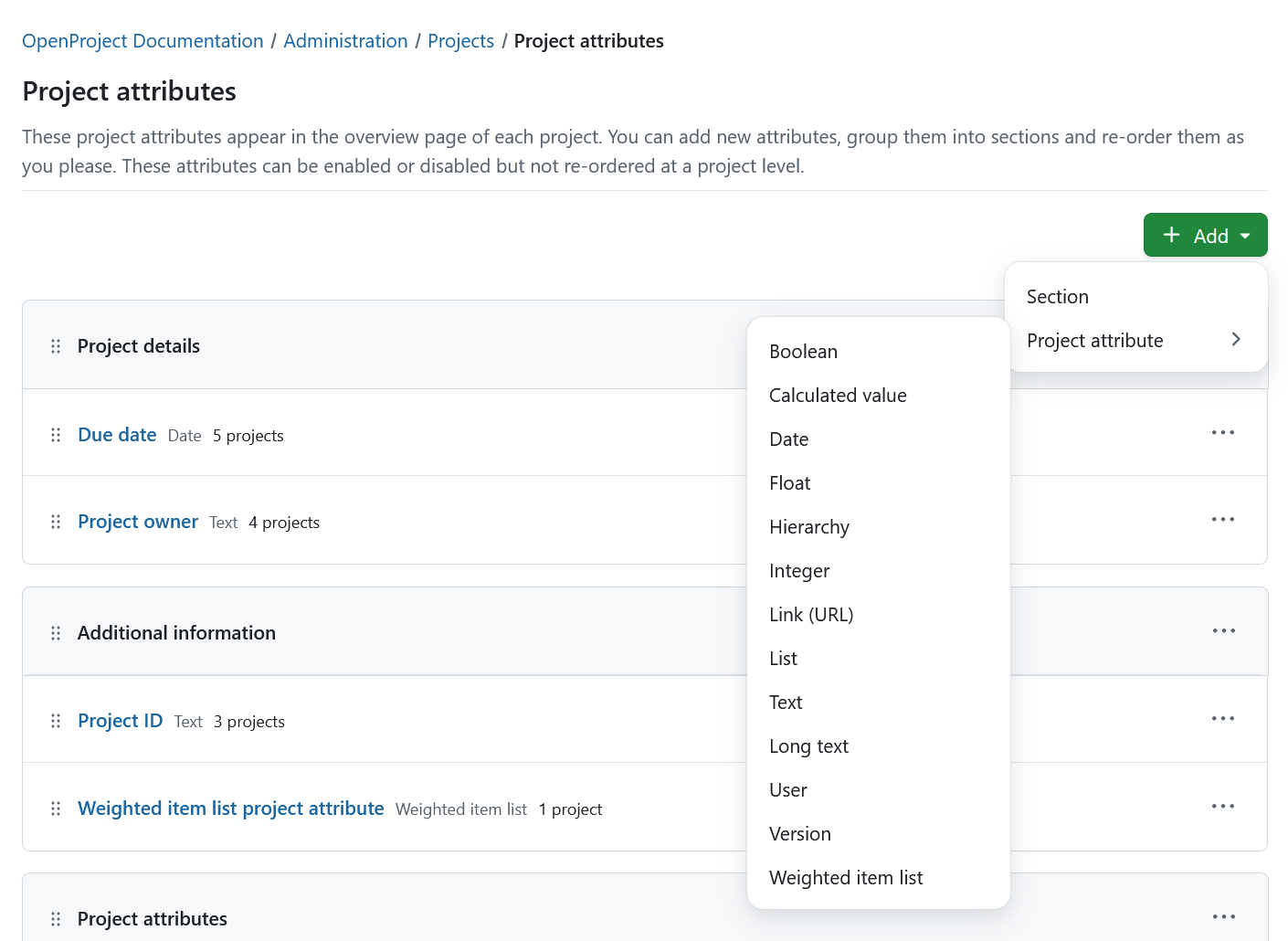 Create a new project attribute type in OpenProject administration