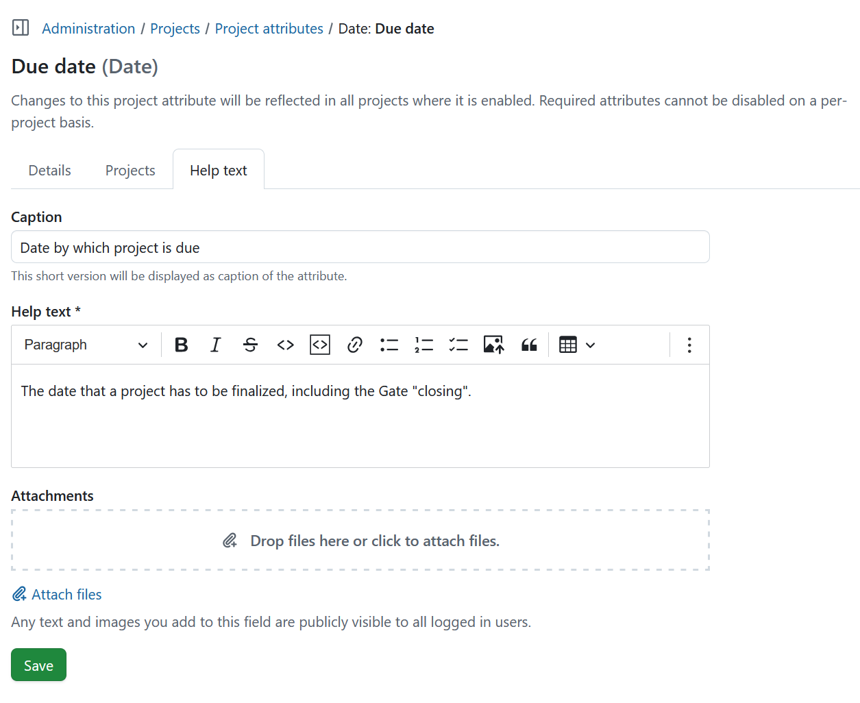 Project attribute detailed view, showing Help text tab in OpenProject administration