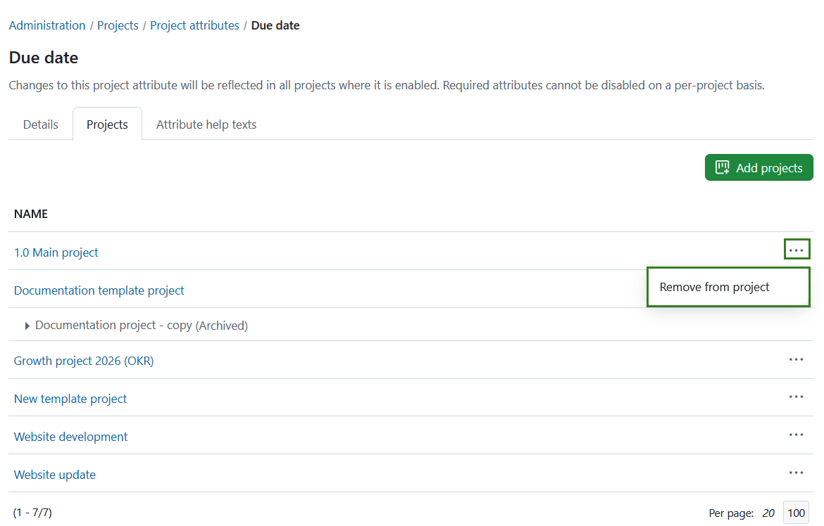 Remove a project attribute from a project in OpenProject administration