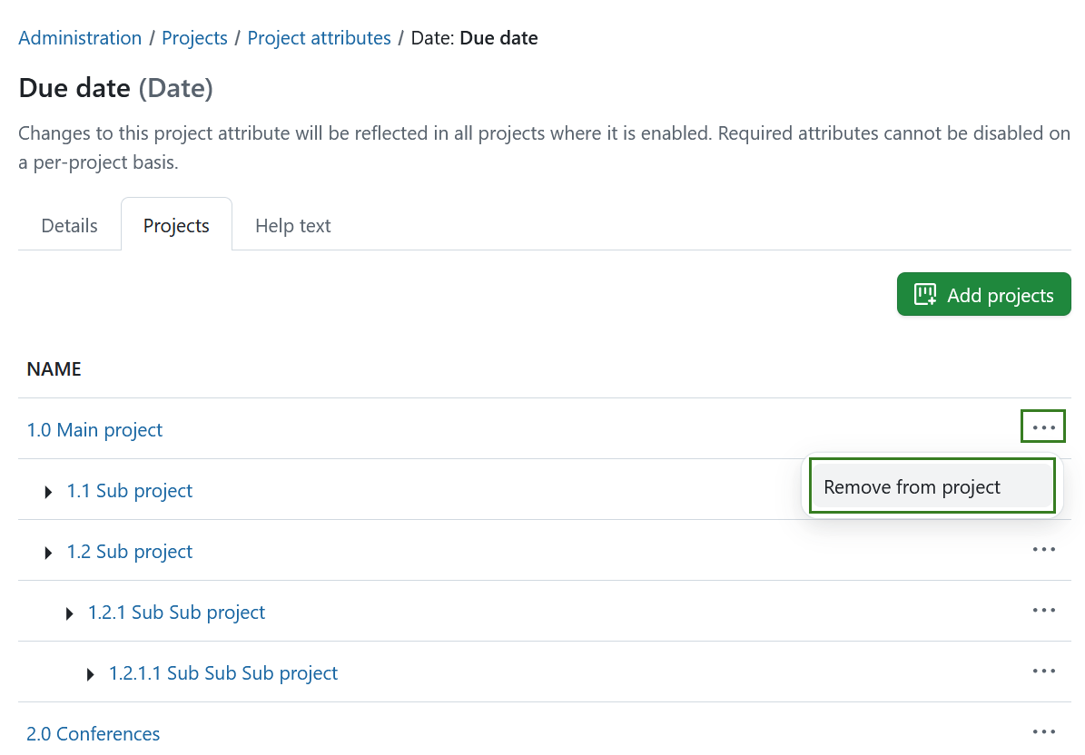 Remove a project attribute from a project in OpenProject administration