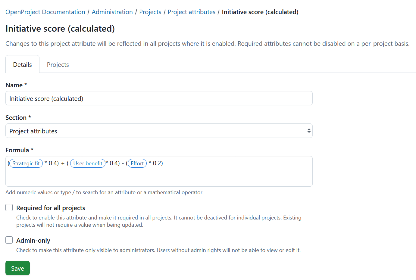 An example of a project attribute of type “Calculated value” in OpenProject administration