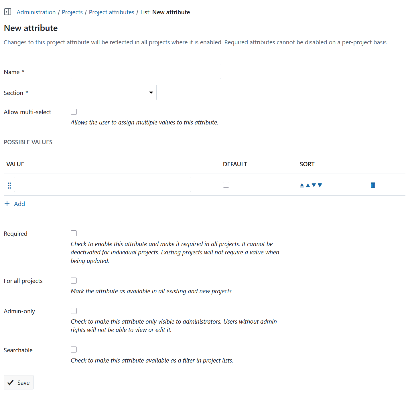Create a new attribute form in OpenProject administration