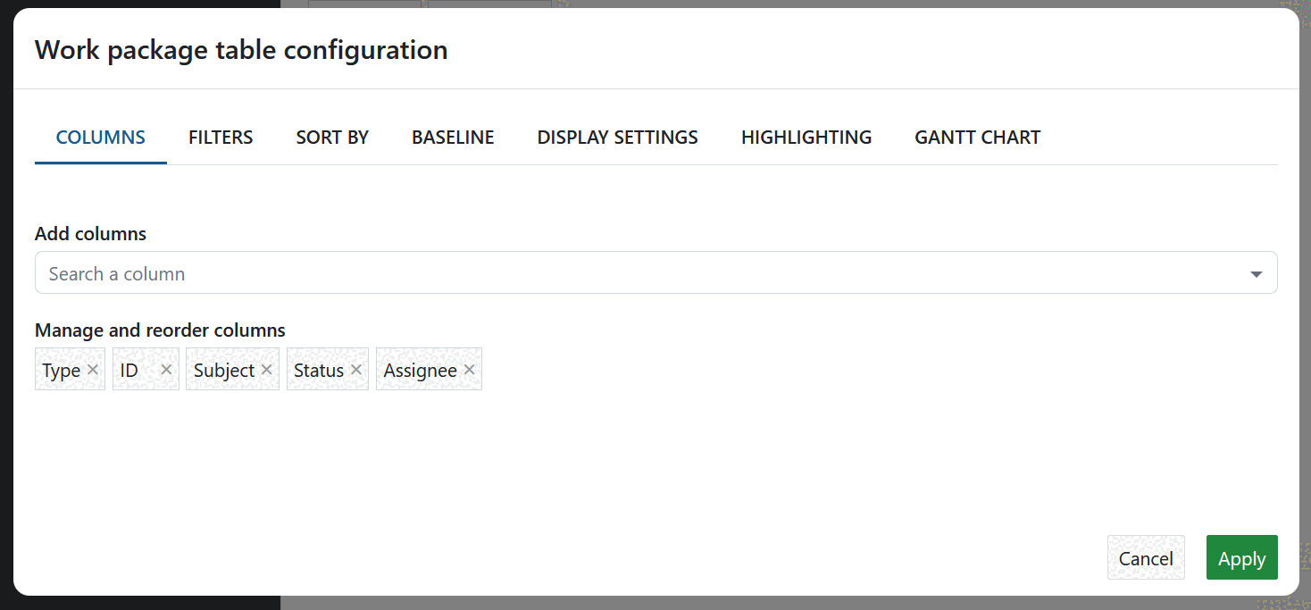 Work package table configuration in OpenProject administration