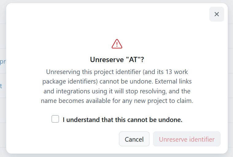 A warning message displayed when a reserved project identifier is released in OpenProject administration