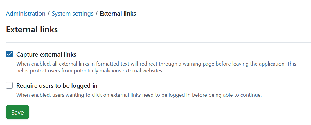 Enable warning message for external links in OpenProject administration