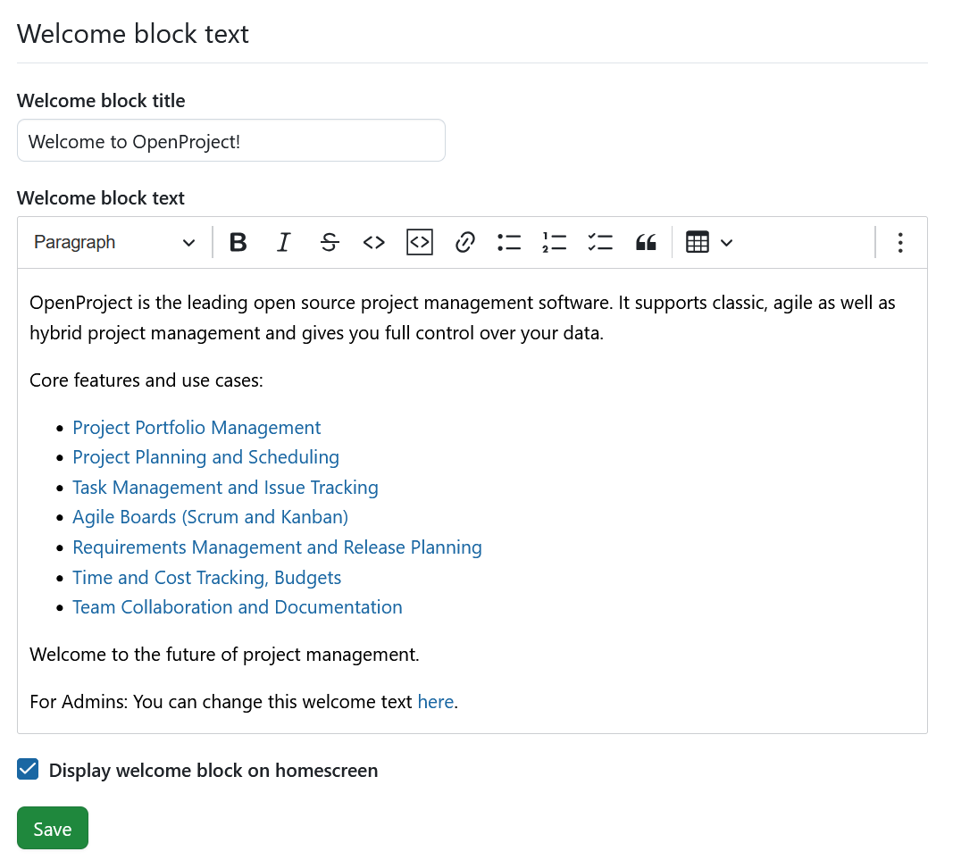 Welcome block text settings in OpenProject administration