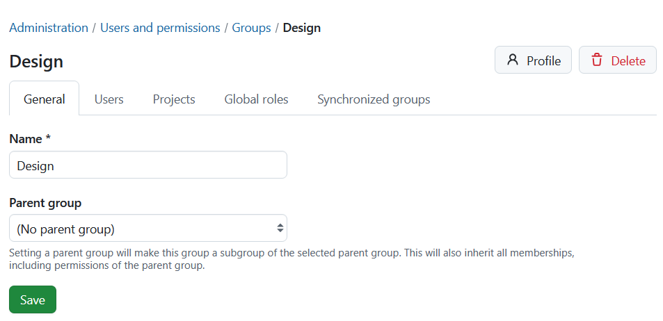 Various tabs shown when editing an existing group in OpenProject administration