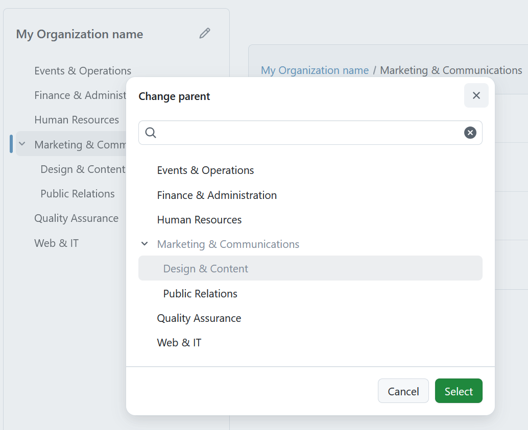 Change a department’s parent in OpenProject administration