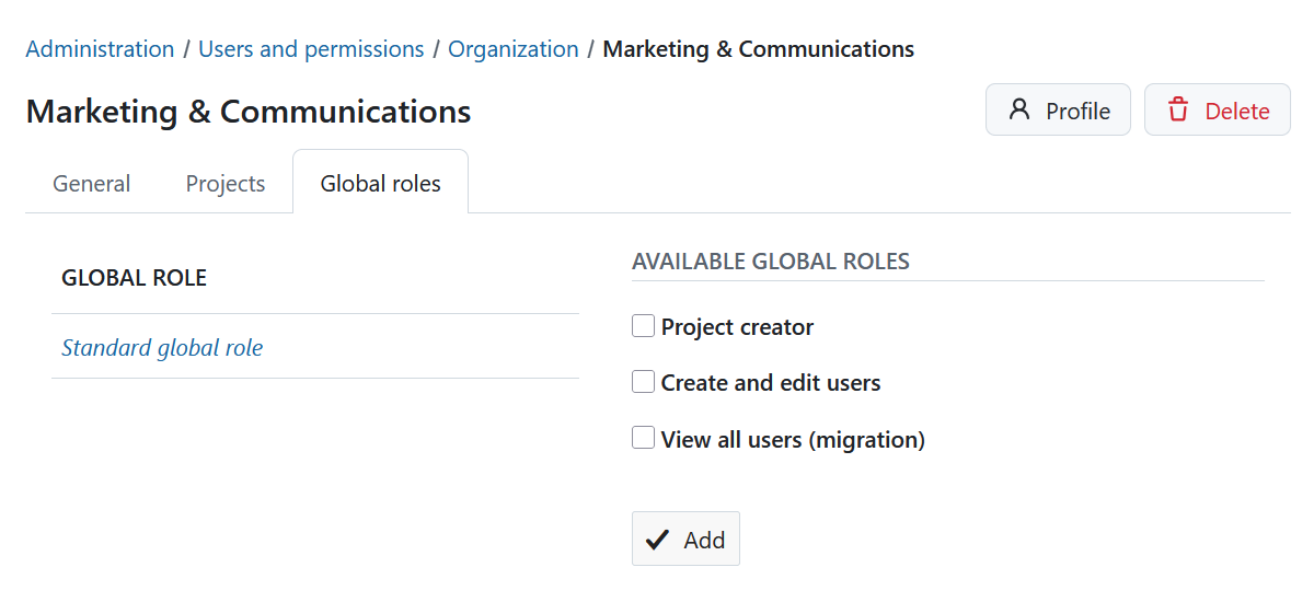 Department details page showing the Global roles tab