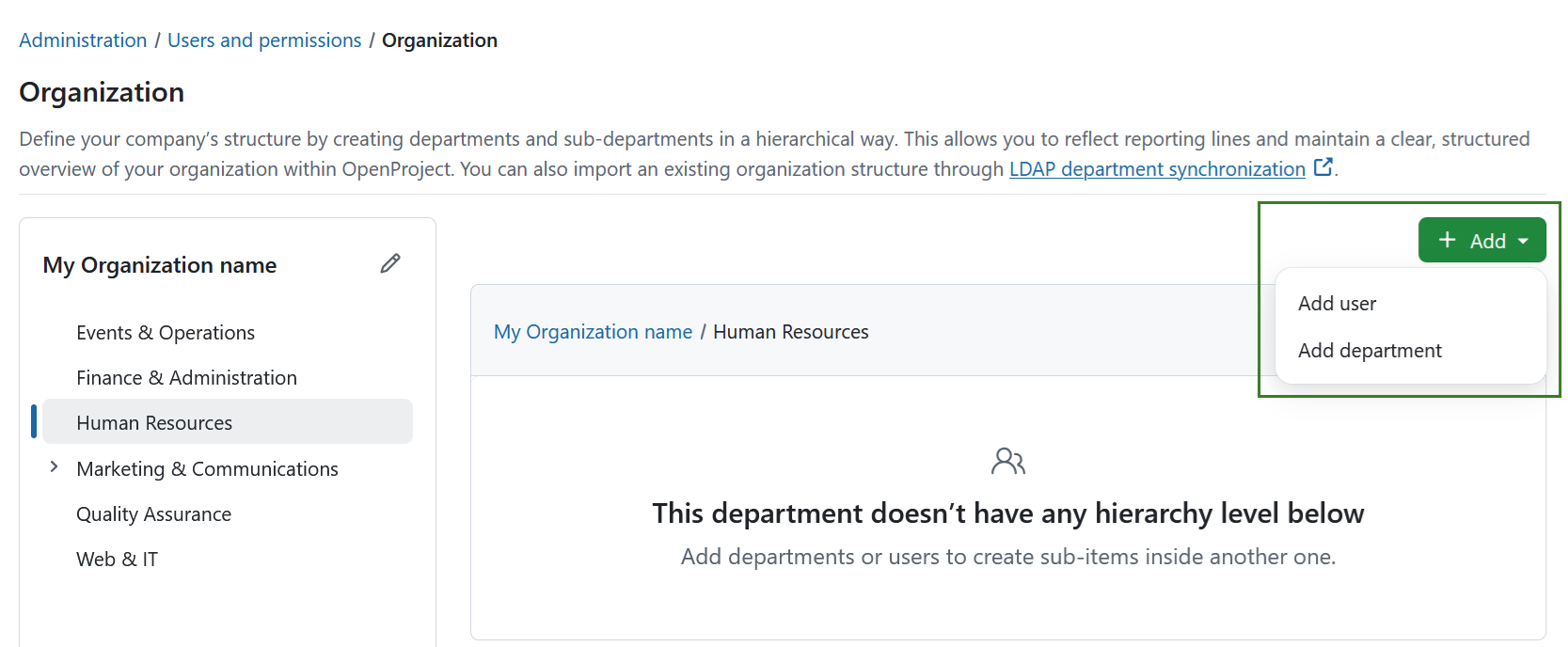 Add sub-departments or users to a new department in OpenProject administration