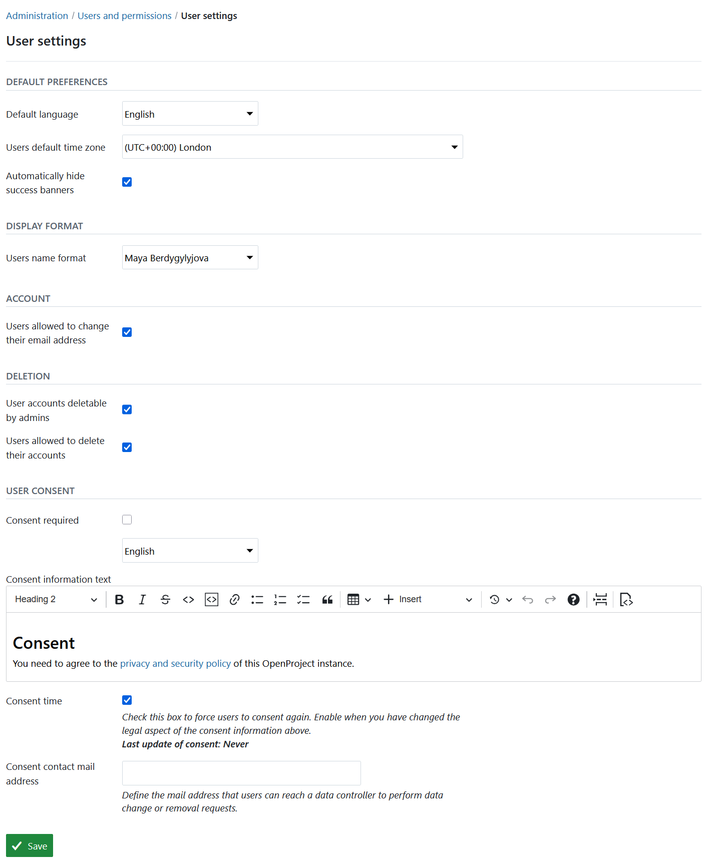 user and permissions settings