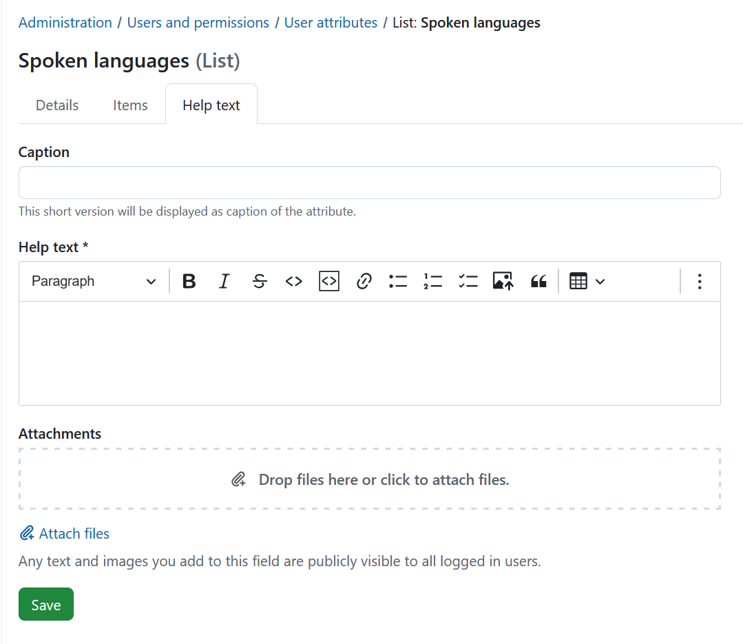 user attribute detailed view, showing Help text tab in OpenProject administration