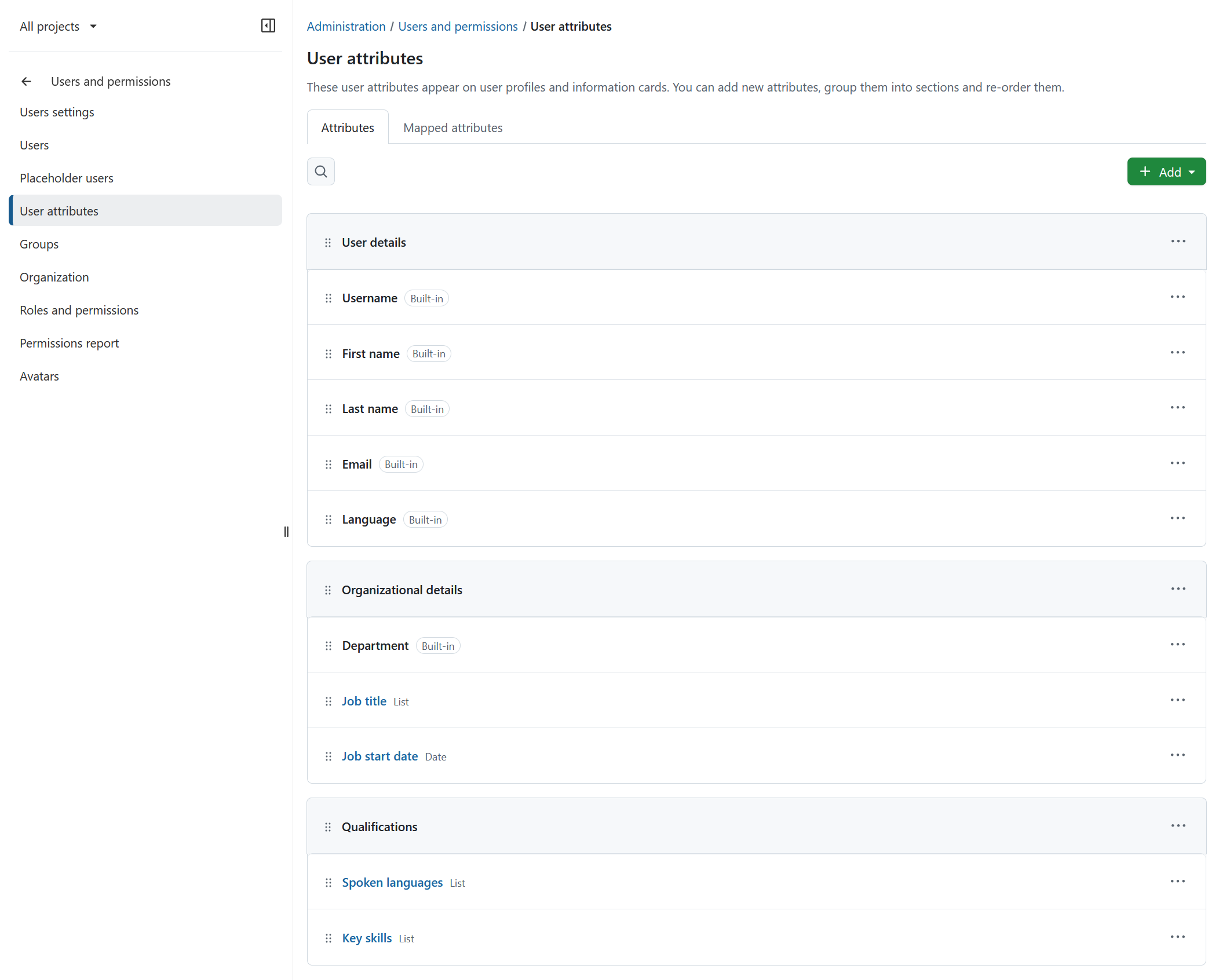 List of existing user attributes in OpenProject administration