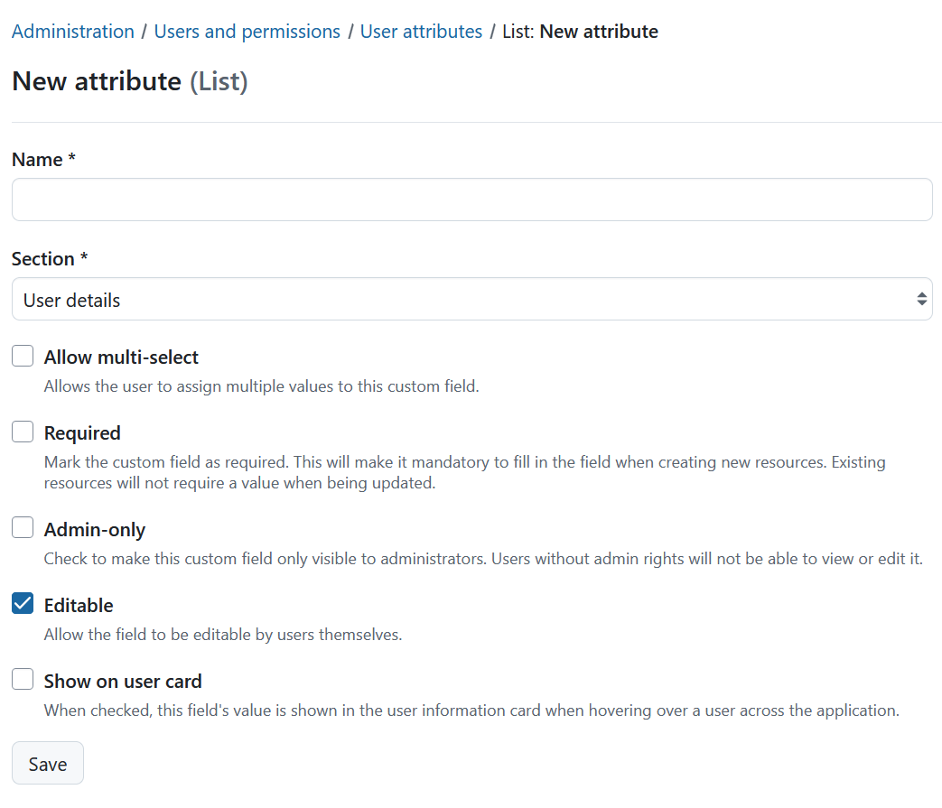 Create a new user attribute form in OpenProject administration