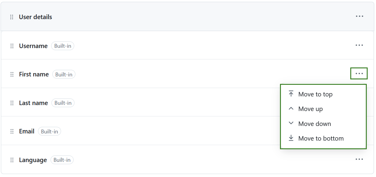 Options for reordering user attributes