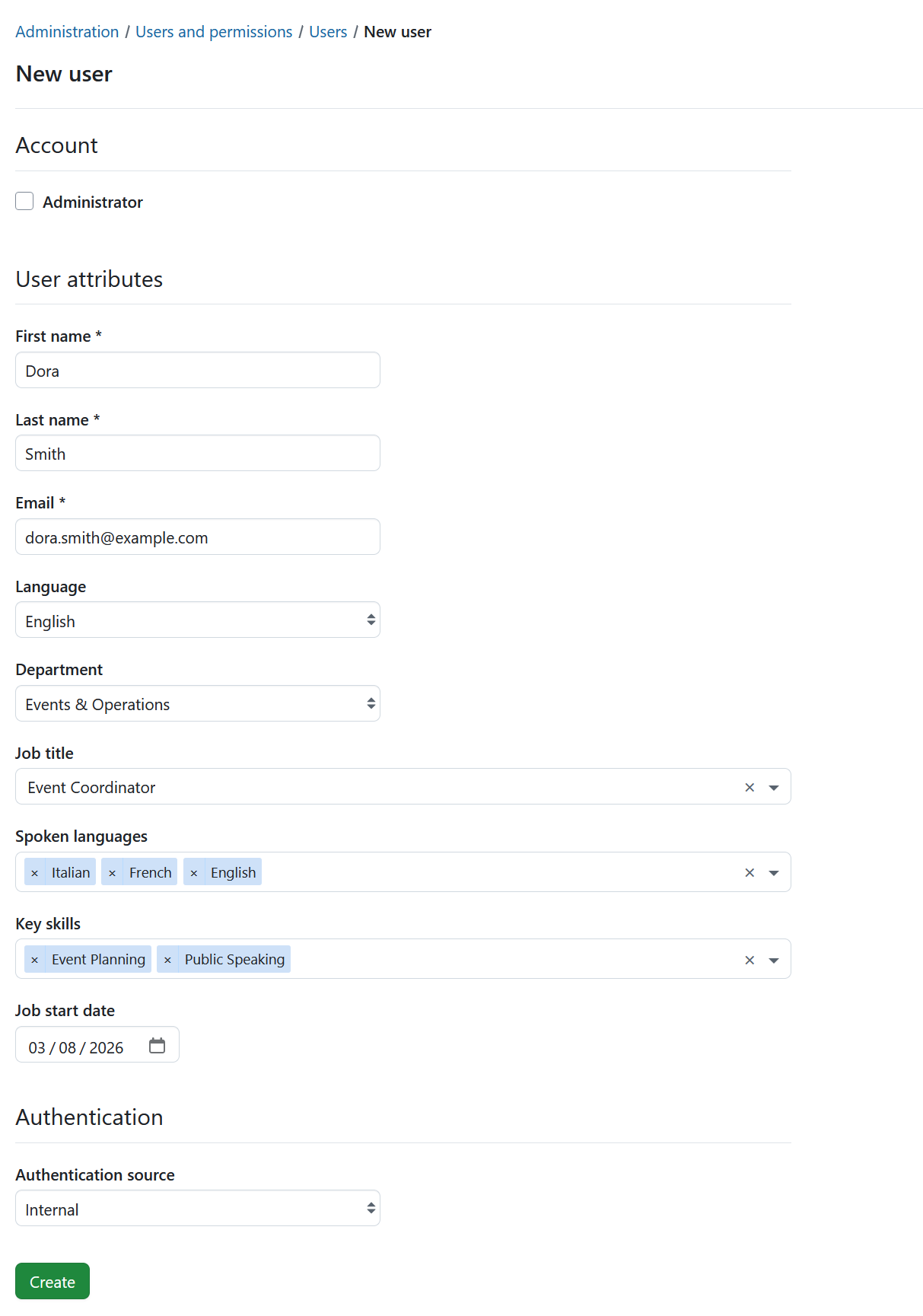 New user form in OpenProject administration