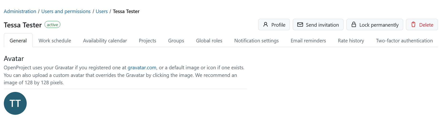 Settings to manage a user under OpenProject administration