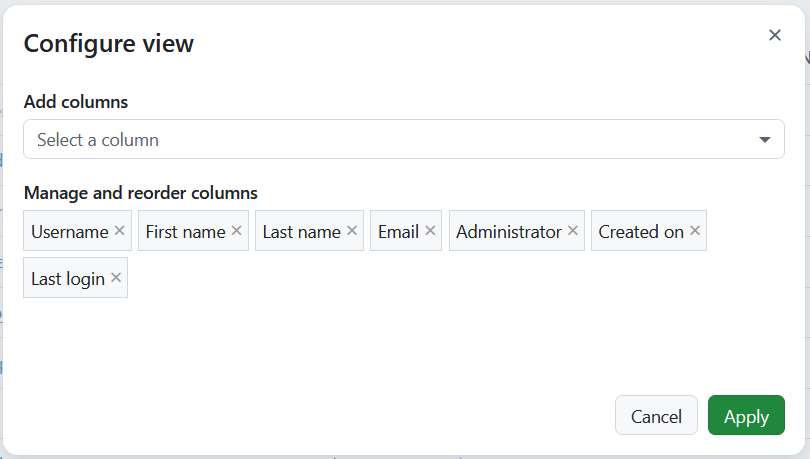 Open form to configure view for the user list in OpenProject administration