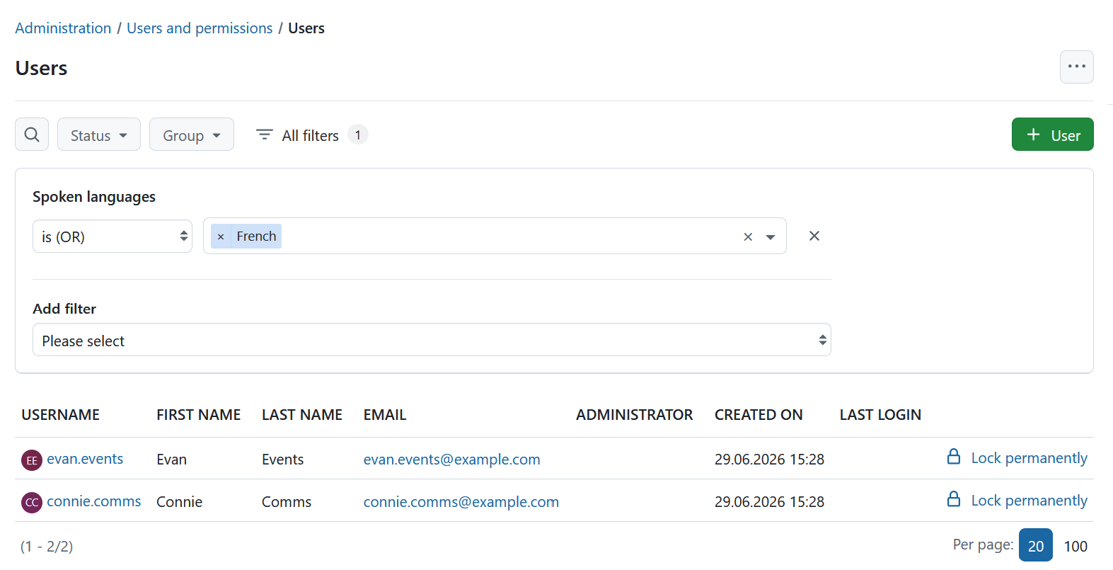 User list filters in OpenProject administration