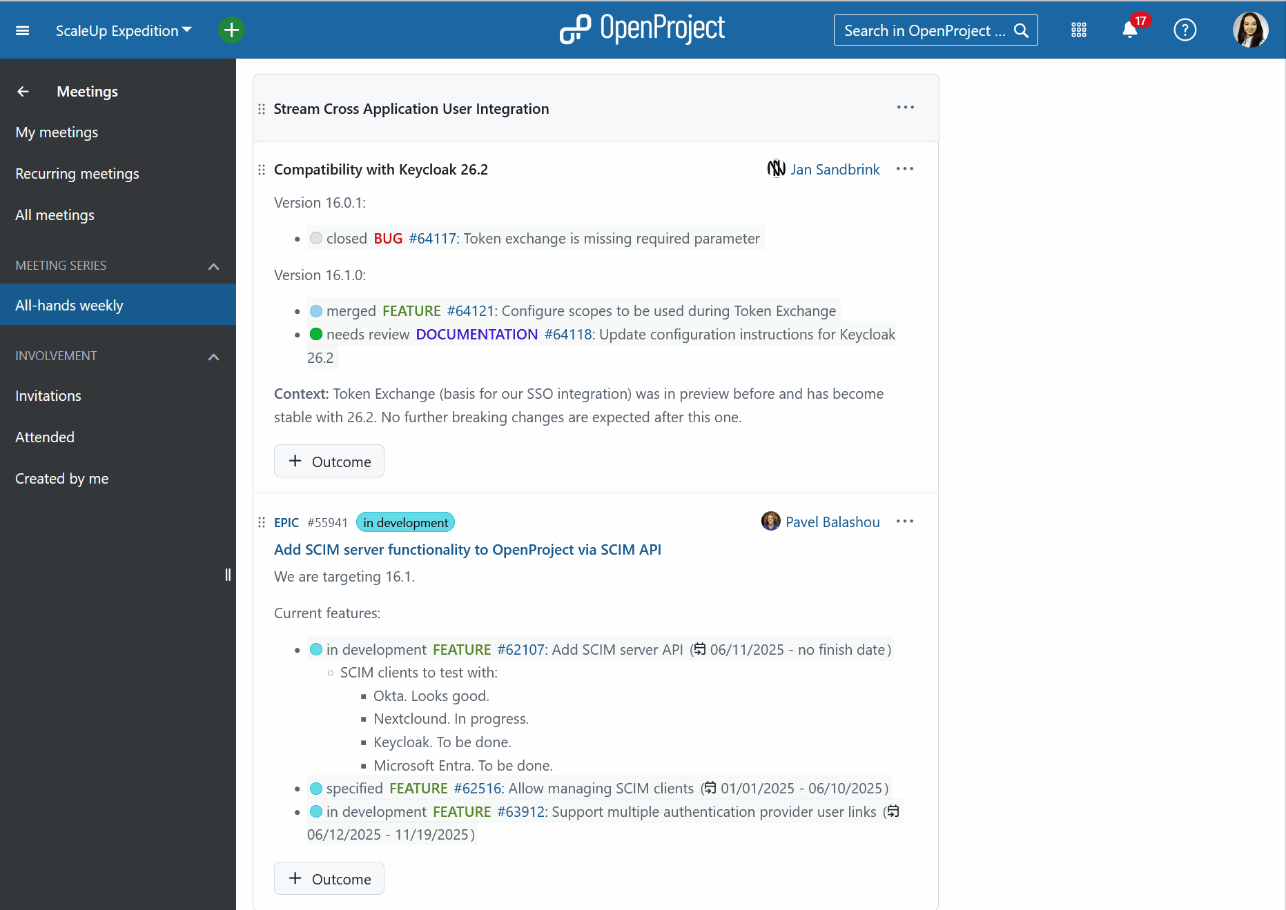Adding a meeting outcome to a weekly meeting in OpenProject
