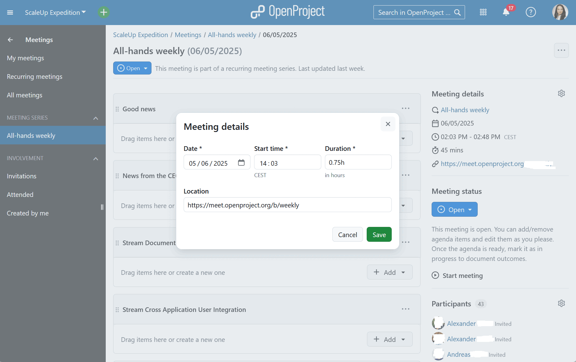 Set up meeting details for recurring meetings in OpenProject