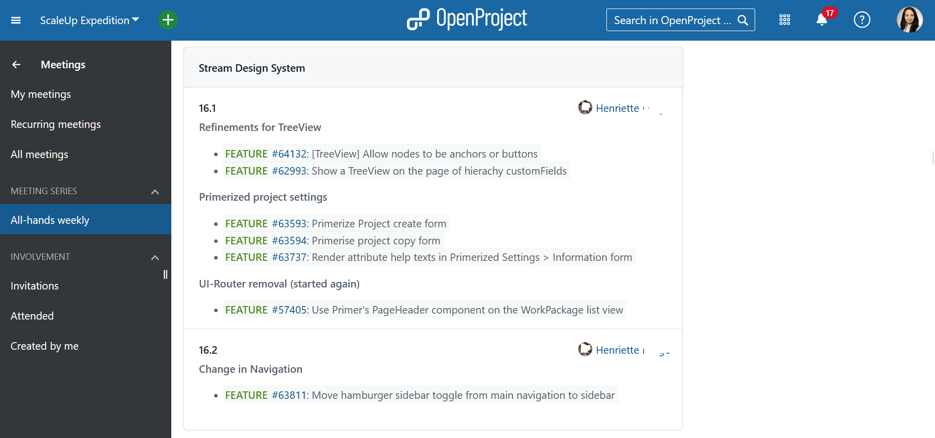Example of a team update during a weekly meeting in OpenProject