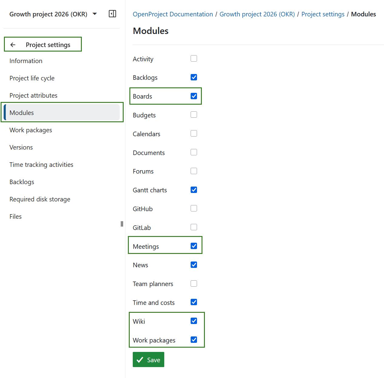 Project module settings in an OKR project in OpenProject